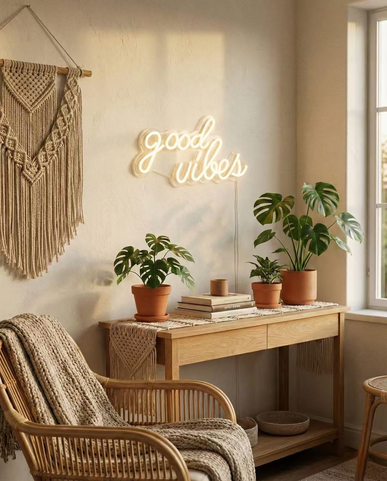 DECANIT Good Vibes Neon Sign Warm White, Boho LED Light for Wall Decor, Living Room, Wedding, Engagement Party, USB Powered 3D Art Holiday Gift, 16.1x8.3 Inch