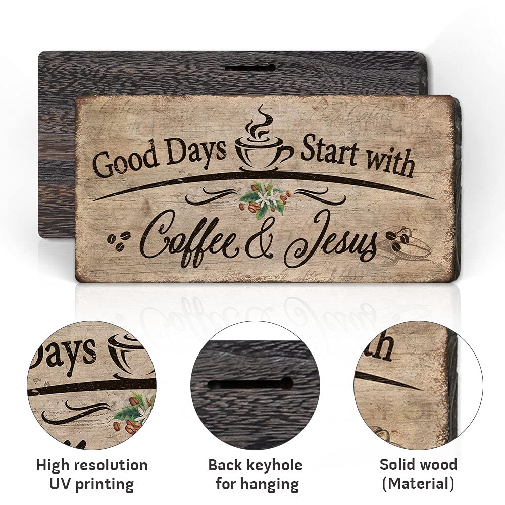 Rustic Wall Hanging Wood Plaque - Good Days Start with Coffee and Jesus - Coffee Bar Decor