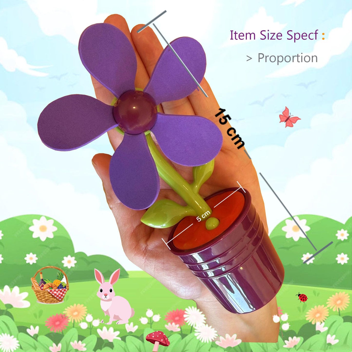 Mini Rechargeable Flower Pot Fan, Includes 2 EVA Blades (1 Purple and 1 Orange) USB-C Charging, 200mAh Battery, Decorative Desktop Fan,