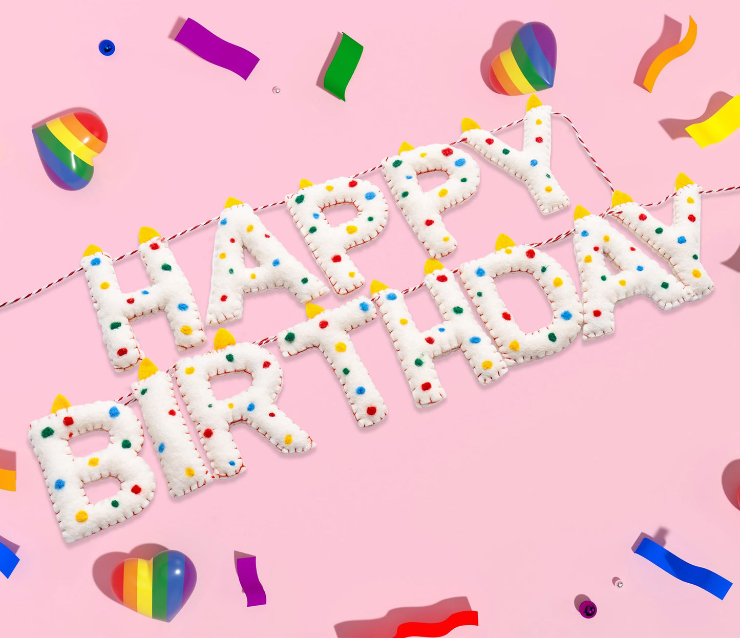 Pre-Strung Happy Birthday Banner Handmade Wool Felt HAPPY BIRTHDAY Garland, Reusable Rainbow Party Decorations,Personalized Holiday Sign for Kids Birthday Party Decor,Photo Prop (Confetti Dots Banner)