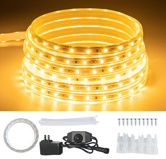 JUNWEN 20FT Warm White Rope Lights Outdoor, 12V IP65 Waterproof Led Rope Lights Indoor Cuttable, Flexible Led Strip Lights Cuttable Plug-in for Patio Deck Bedroom Kitchen Bedroom Christmas