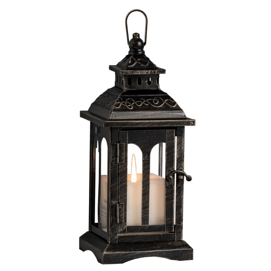 DECORKEY Candle Lantern Decorative Indoor & Outdoor, Christmas Vintage Metal Hanging Lanterns Decor for Front Porch Home Patio Wedding Party, Halloween Decorations (Black with Copper Brush)