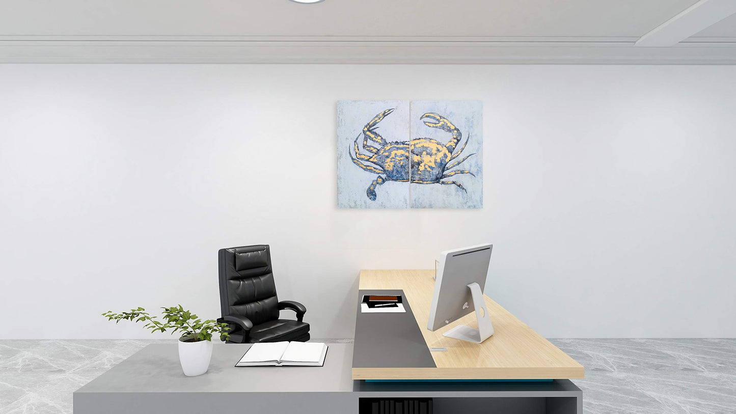 Yihui Arts Blue and Gold Foil Crab Diptych Wall Art - Nautical & Retro Art Decor for Home