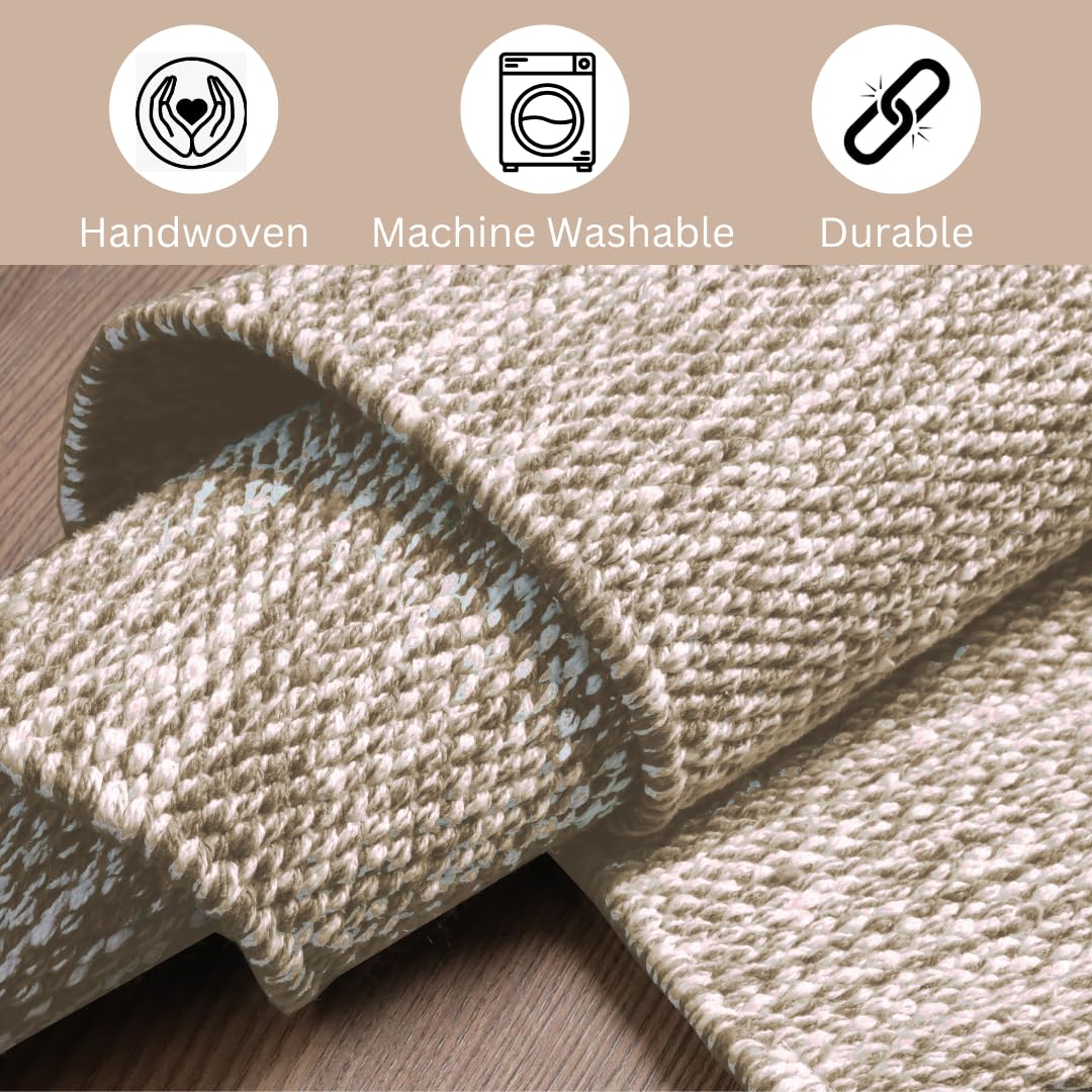 CottonCove Hand Woven Area Rug 2x3 Feet - Rustic Farmhouse Boho Accent Rug for Living Room Bedroom Kitchen Entryway Floor Mats - Ideal for High Traffic Areas 100% Cotton Rag Rug Natural