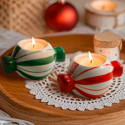 DIF DECO Candy Ceramic Candle Holders 2 PCS,Christmas Decor Candlestick Holders Centerpieces for Home Wedding Xmas Dinning Party for 1.5 inch Candle and Led Candle(Red + Green)
