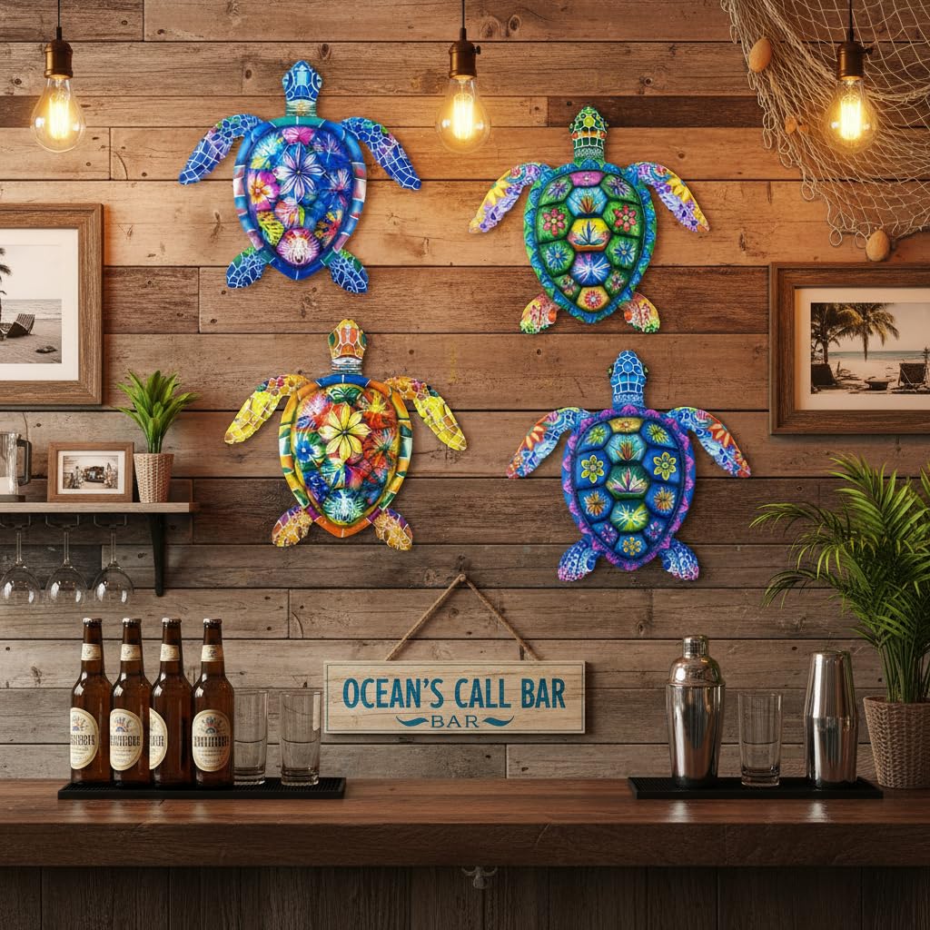 Cruis Cuka Metal Wall Art Cute Turtle 2.5 D Wall Sculpture Garden Decor for Outside Fence Decorations Lawn Ornaments Patio Backyard Decor - Set of 4