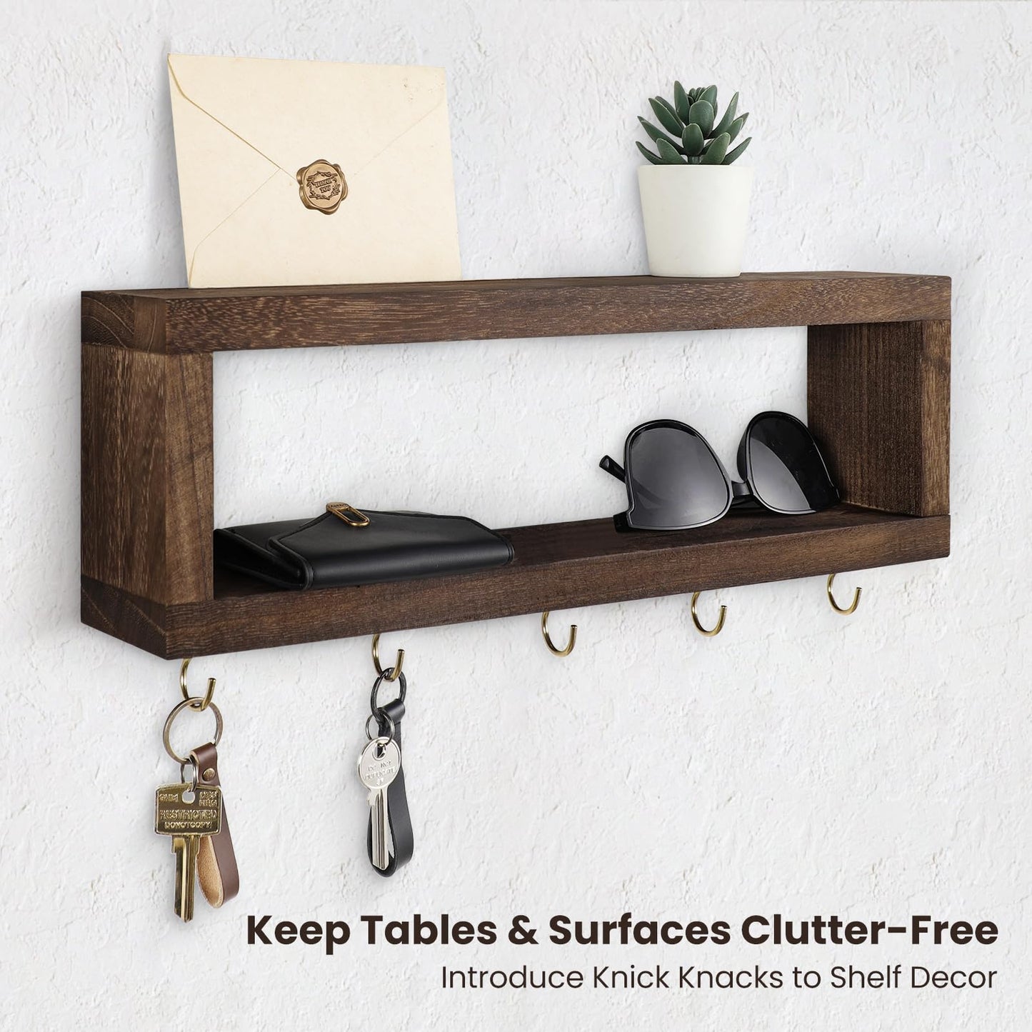Lwenki Wall Shelf with Hooks - Decorative Key and Wallet Holder for Wall Holds Sunglasses, Leashes, Scarves and Lanyards - 15.7" x 5.1" x 2.9" Entryway Organizer Made of Paulownia Wood (Brown)