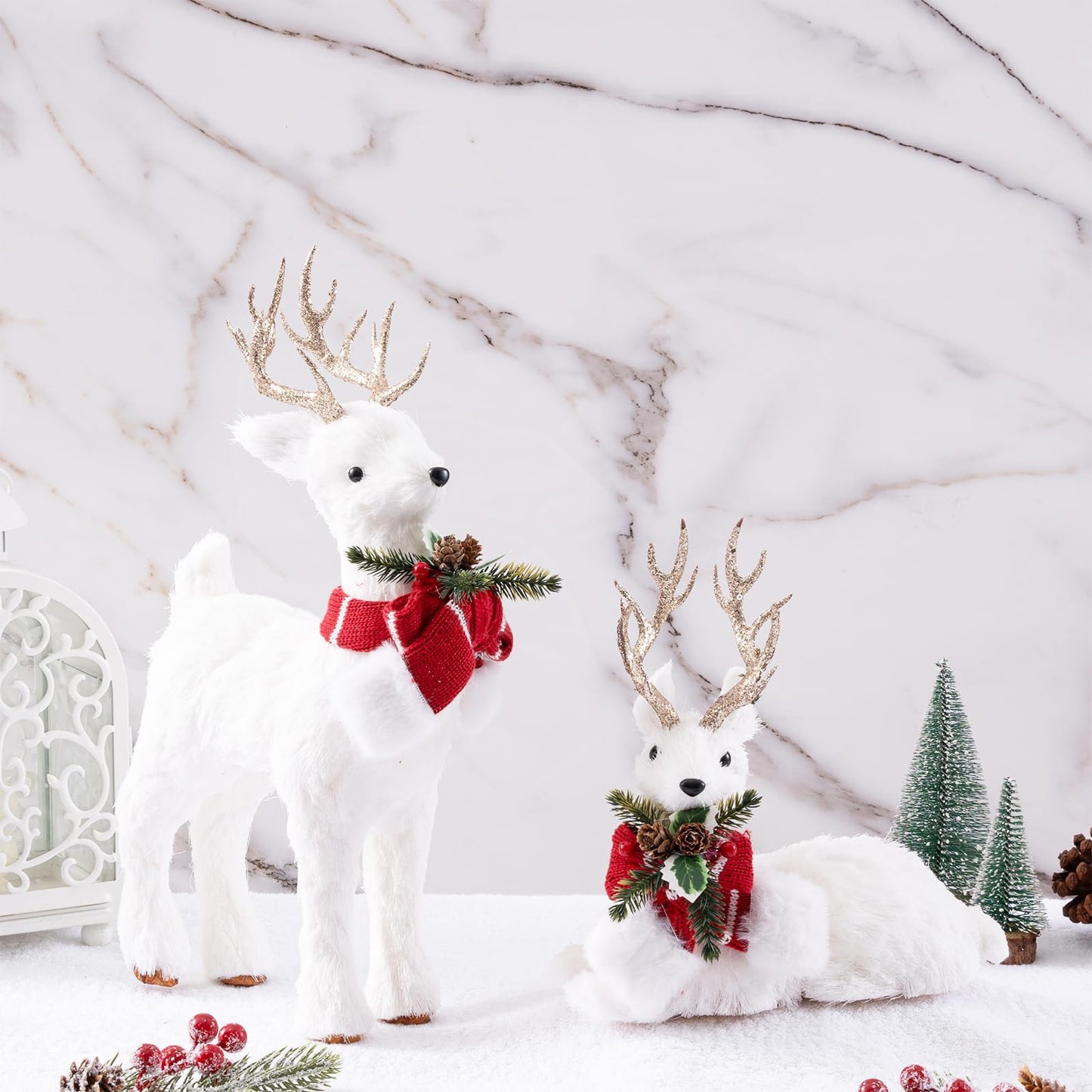 FTEJUWJ 2PCS Christmas Sisal Reindeer Decoration White Sisal Deer Silver Glitter Accented Reindeer Woodland Animals Figurines for Holiday Winter Centerpiece Christmas Tabletop Fireplace Decor (Gold)
