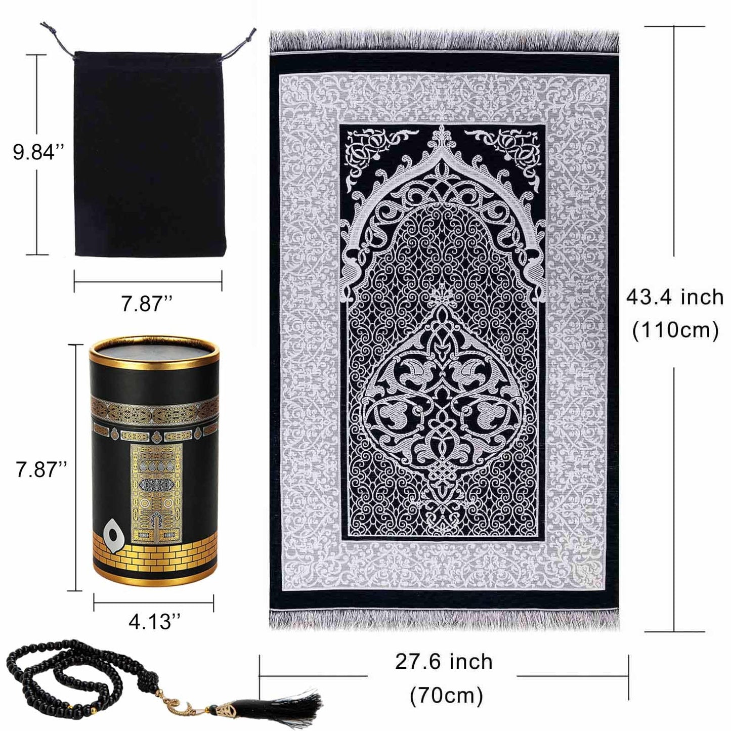 Muslim Prayer Rug and Prayer Beads with Gift Box, Soft Islamic Prayer Mat, Islamic Gifts Set, Prayer Carpet Mat, Sajadah/Janamaaz/Seccade (Black)