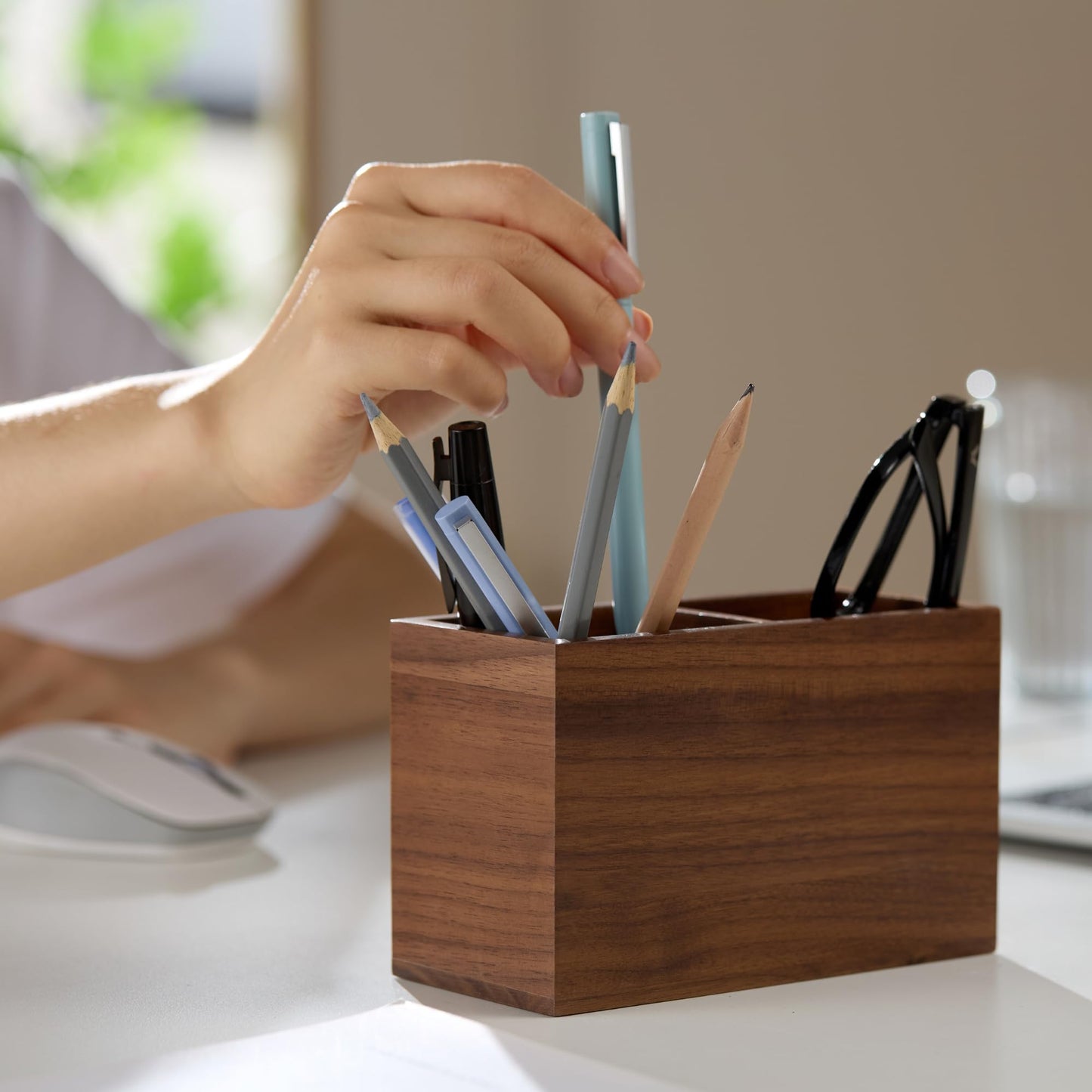 KORUA Walnut Pencil Holder (Double Slots) Wood Pen Holder for Desk
