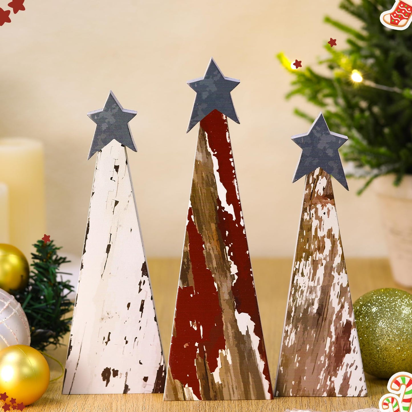 Soaoo 3 Pcs Rustic Christmas Tree Wooden Table Decorations Farmhouse Small Christmas in July Tabletop Centerpieces with Standing Top Star for Home Shelf Mantel Fireplace Table Party Decor