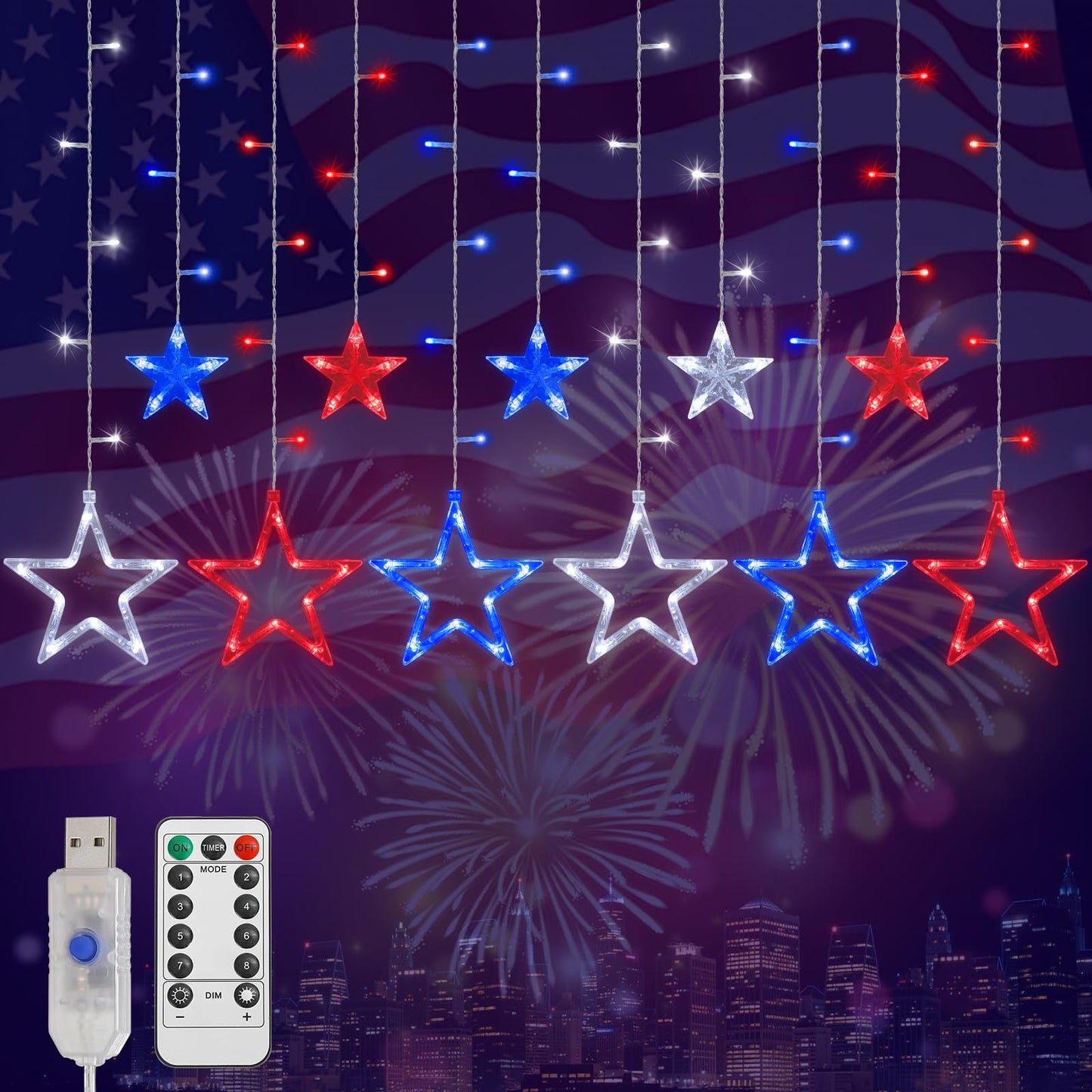 Lewondr 4th of July Curtain String Lights, 11.5FT 138 LED Hanging Patriotic Star Icicle Lights with 6H Timer, 8 Modes, USB, Red White and Blue 4th of July Decorations for Independence Memorial Day