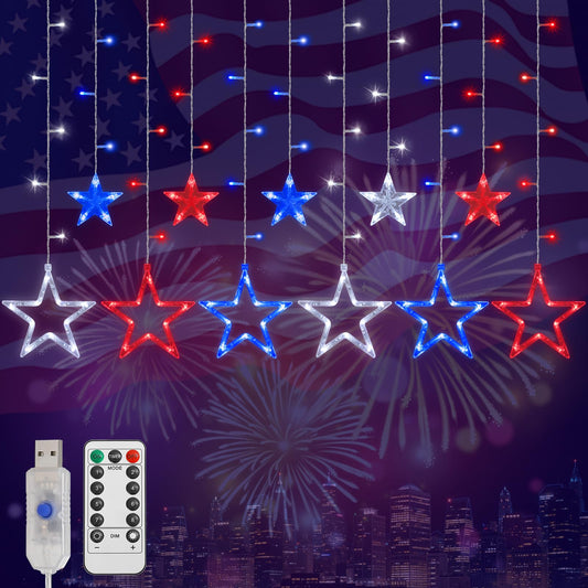 Lewondr 4th of July Curtain String Lights, 11.5FT 138 LED Hanging Patriotic Star Icicle Lights with 6H Timer, 8 Modes, USB, Red White and Blue 4th of July Decorations for Independence Memorial Day