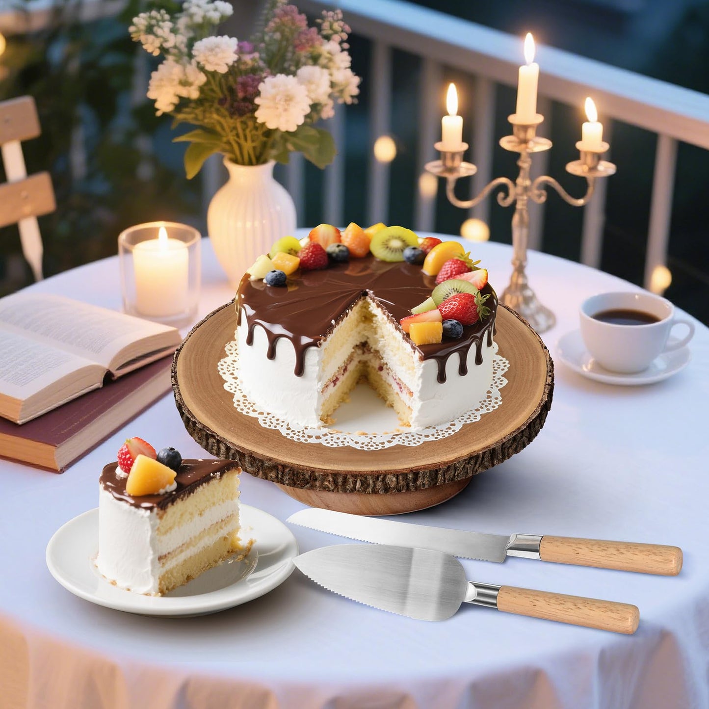 Rotating Cake Stand 12" Wood Cake Stand with Cake Cutting Set,Rustic Wooden Cake Stands for Party/Wedding/Baking Gifts/Event/Cake Turntable for Decorating