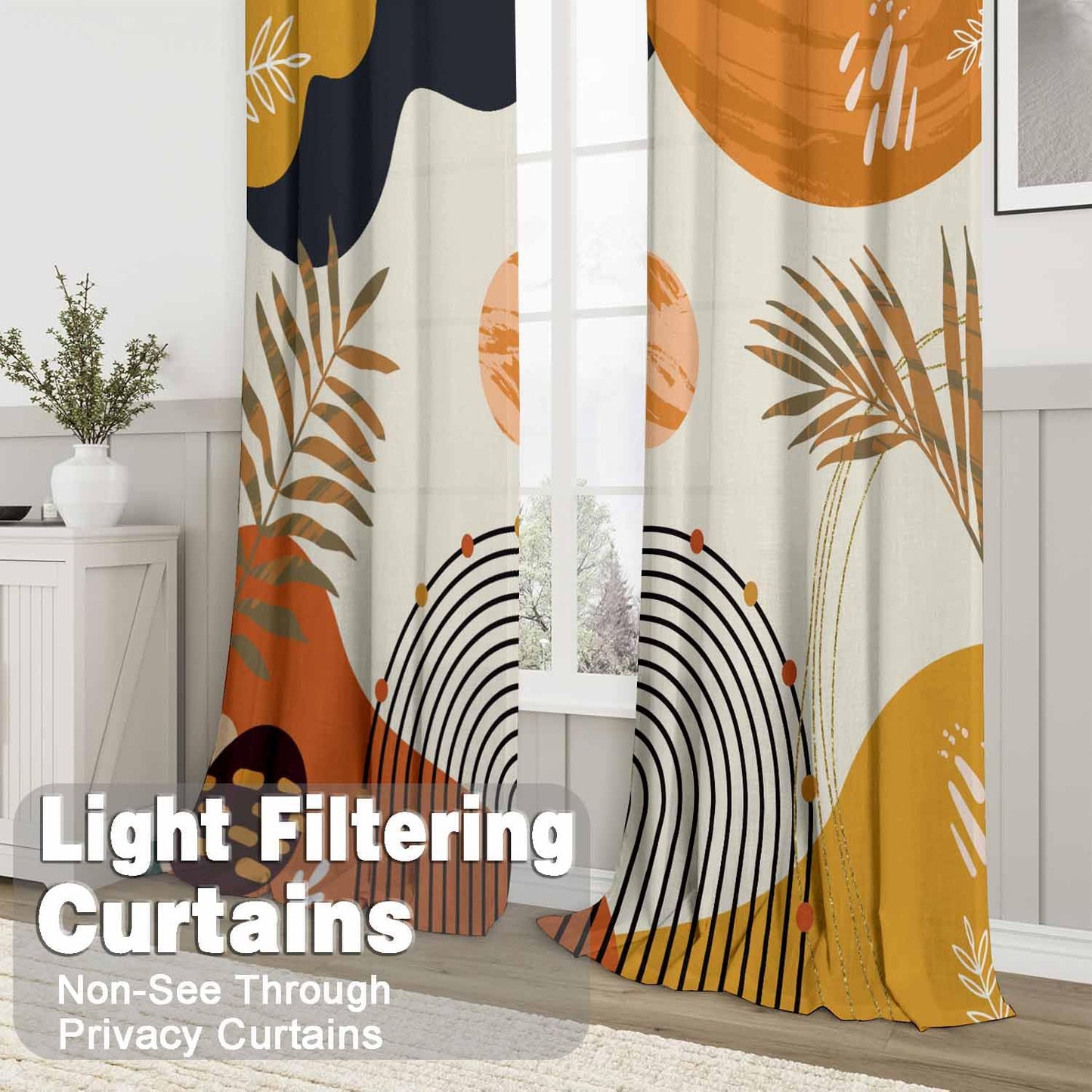 GOLDLAWN Boho Mid Century Abstract Leaves Curtains 52X84Inch Rainbow Living Room Curtain 2Pc Burnt Orange Curtains for Bedroom Modern Geometric Drapes Yellow Plant Colorful Curtain