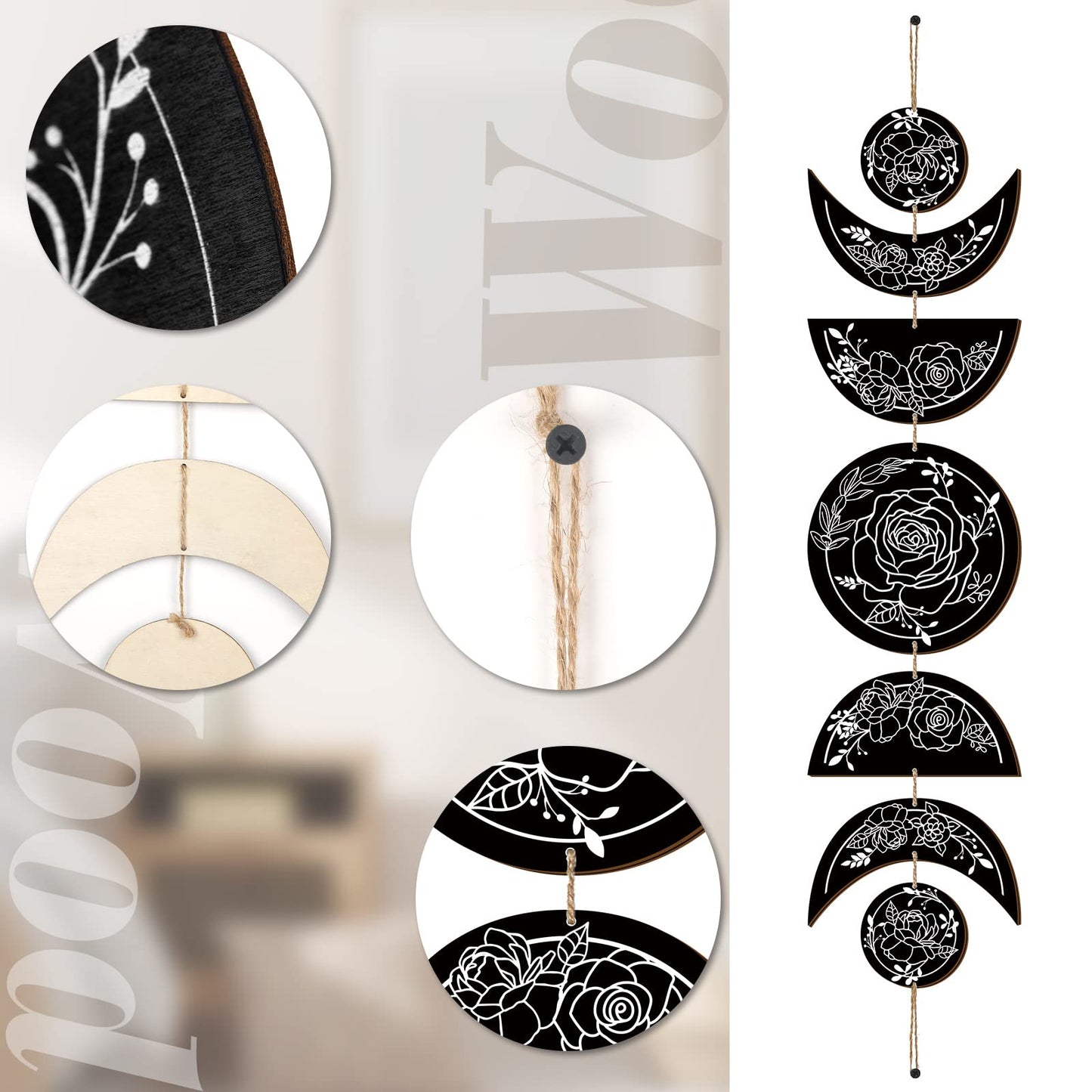 BBTO Boho Wall Decoration Moon Phases Wall Art Stars Moon Decoration Minimalist Room Wooden Gothic Witchy Door Pediments Hanging Sign(Black, White)