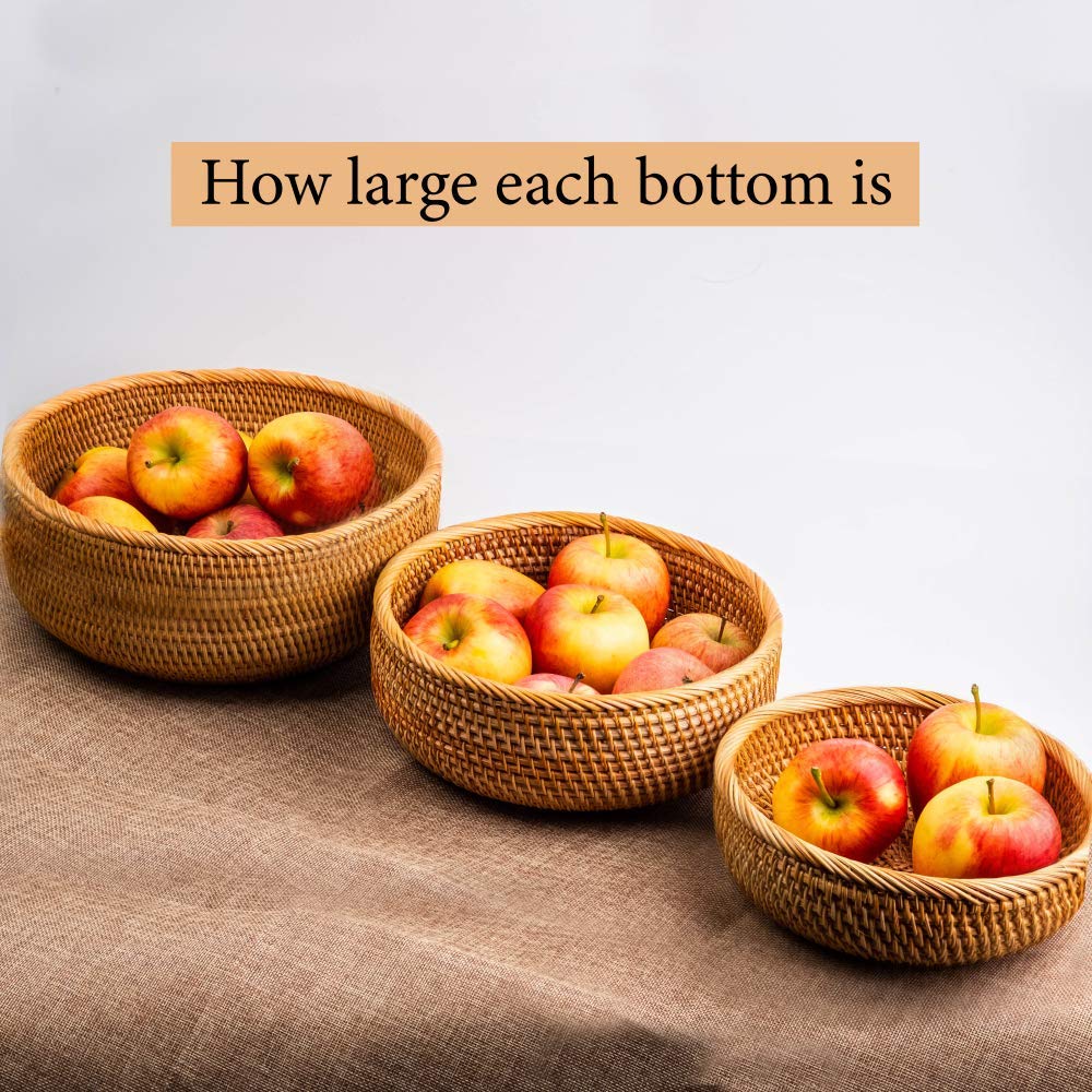 CLAYNIX Woven Fruit Basket For Holder Bowl Decorative Bread Vegetable, Serving Bowl Set of 3 For Organizing Kitchen Natural Rattan Picnic Basket Round Stackable (Natural)