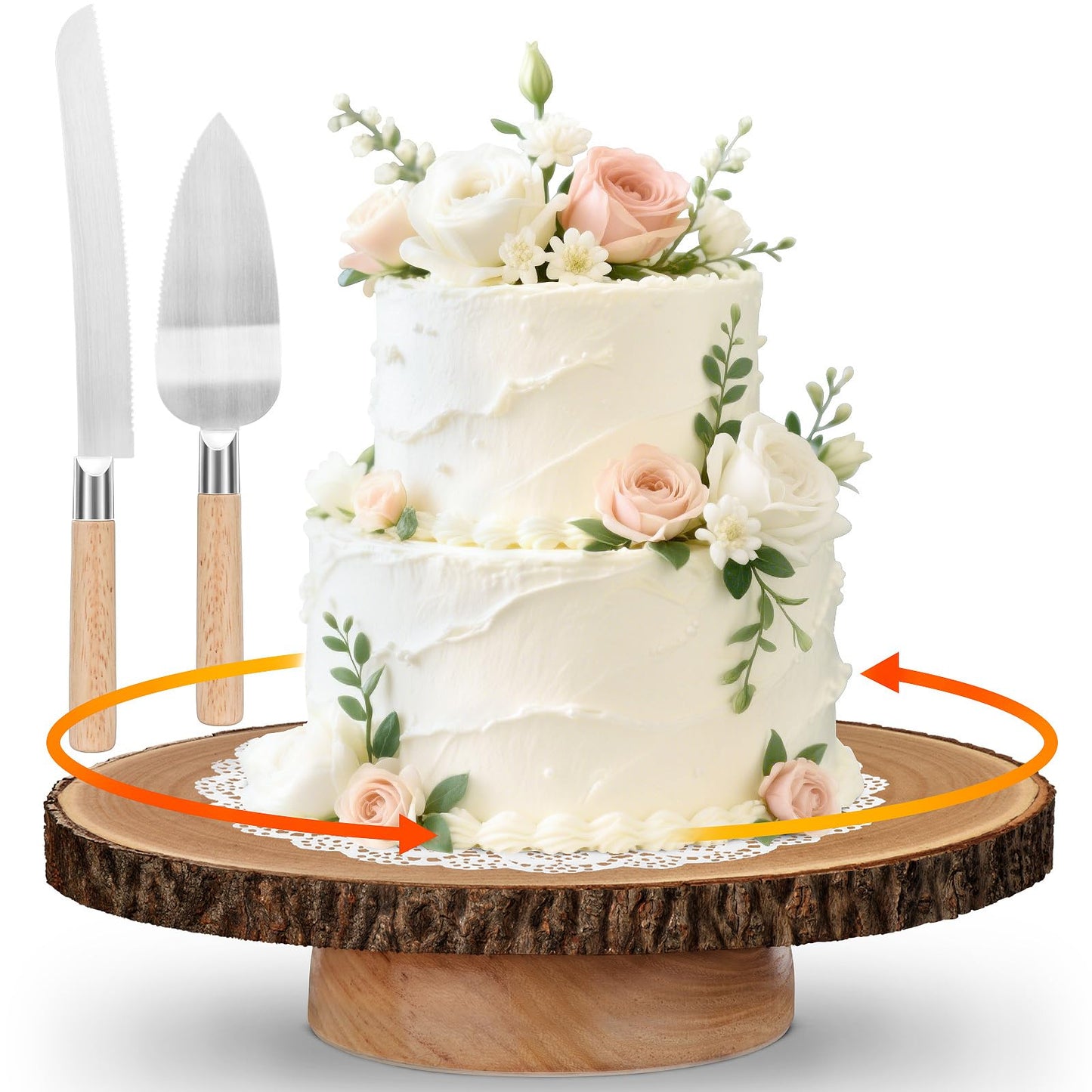 Rotating Cake Stand 12" Wood Cake Stand with Cake Cutting Set,Rustic Wooden Cake Stands for Party/Wedding/Baking Gifts/Event/Cake Turntable for Decorating
