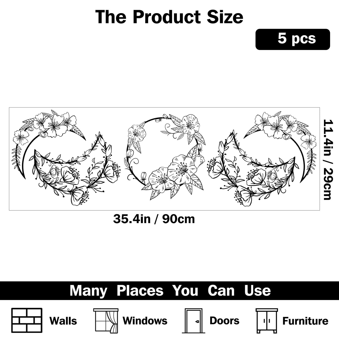 SUPERDANT Moon Phase Wall Decor Flowers Vine Wall Stickers Moon Shape Peel and Stick Art Decor DIY Vinyl Murals Window Cling Decals for Girl's Room Study Room Livingroom Bedroom Decoration
