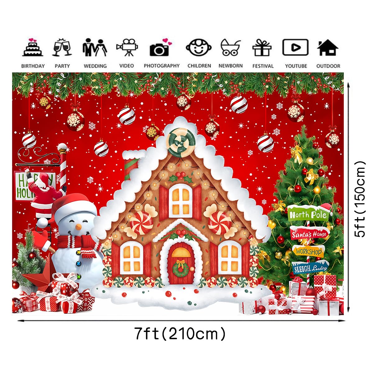 Christmas Backdrop Gingerbread House Backdrop for Wall Photoshoot Winter Merry Xmas Tree Background Santa Xmas Background Holiday Party Decorations 7x5ft