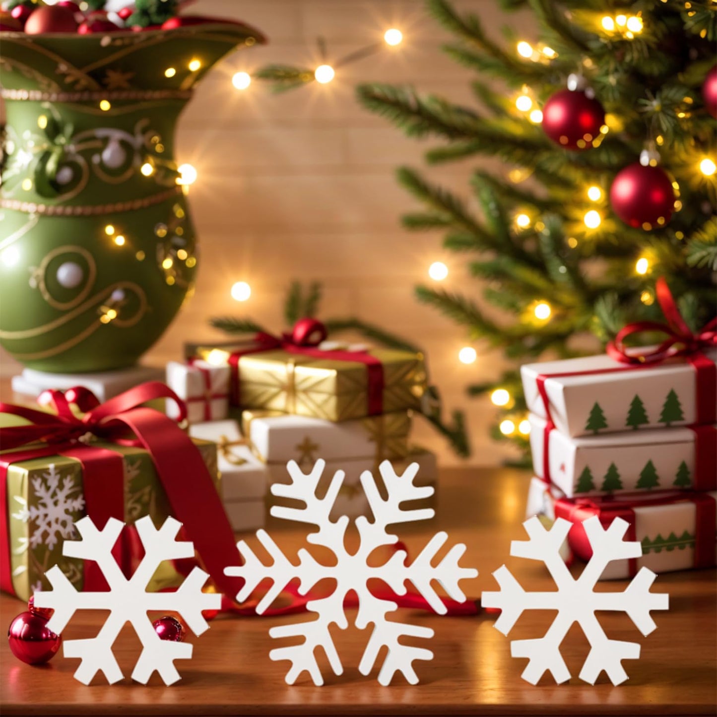 Oeyliz Winter Wooden Snowflake 3 PCS Christmas Wooden Snowflakes Decor Winter Table Decoration Wooden Snowflake Blocks Standing Table Sign Tiered Tray Decoration Xmas Indoor Home Mantle Tabletop Decor