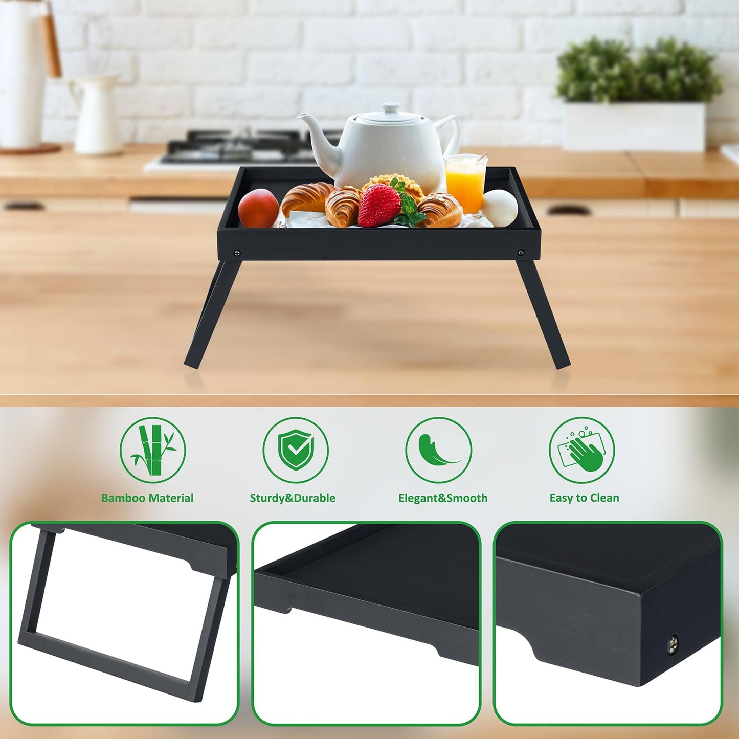 Bamboo Bed Tray Table with Folding Leg, Breakfast in Bed Tray for Eating,Kitchen Serving,Food, Sofa, Snacking or Working, Laptop Desk Dinner(1, Black)
