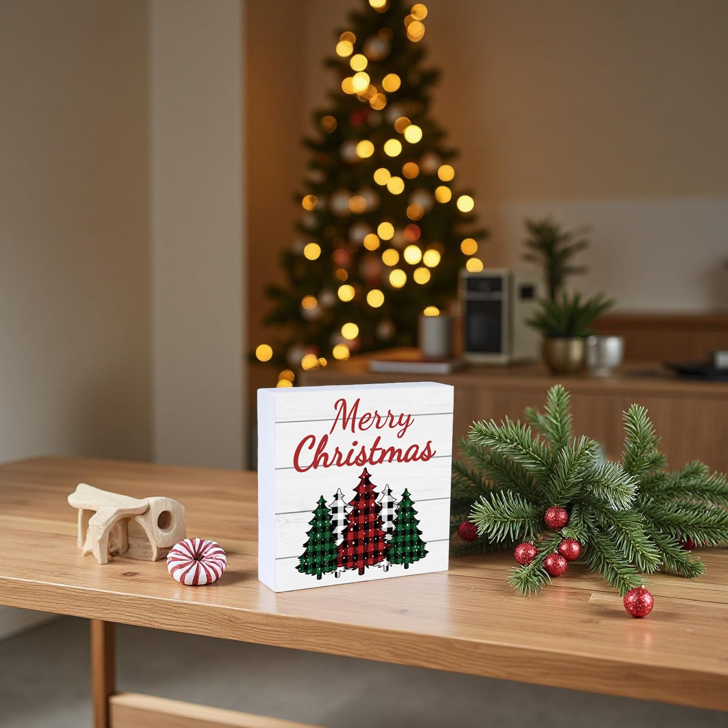 Christmas Decorations Indoor Christmas Decor Table Home Room Buffalo Plaid Tree Office Bathroom Wood Box Sign Rustic Wooden Shelf Desk Decor Season Sign House Warming Gifts 5.9 x 5.9 Inch