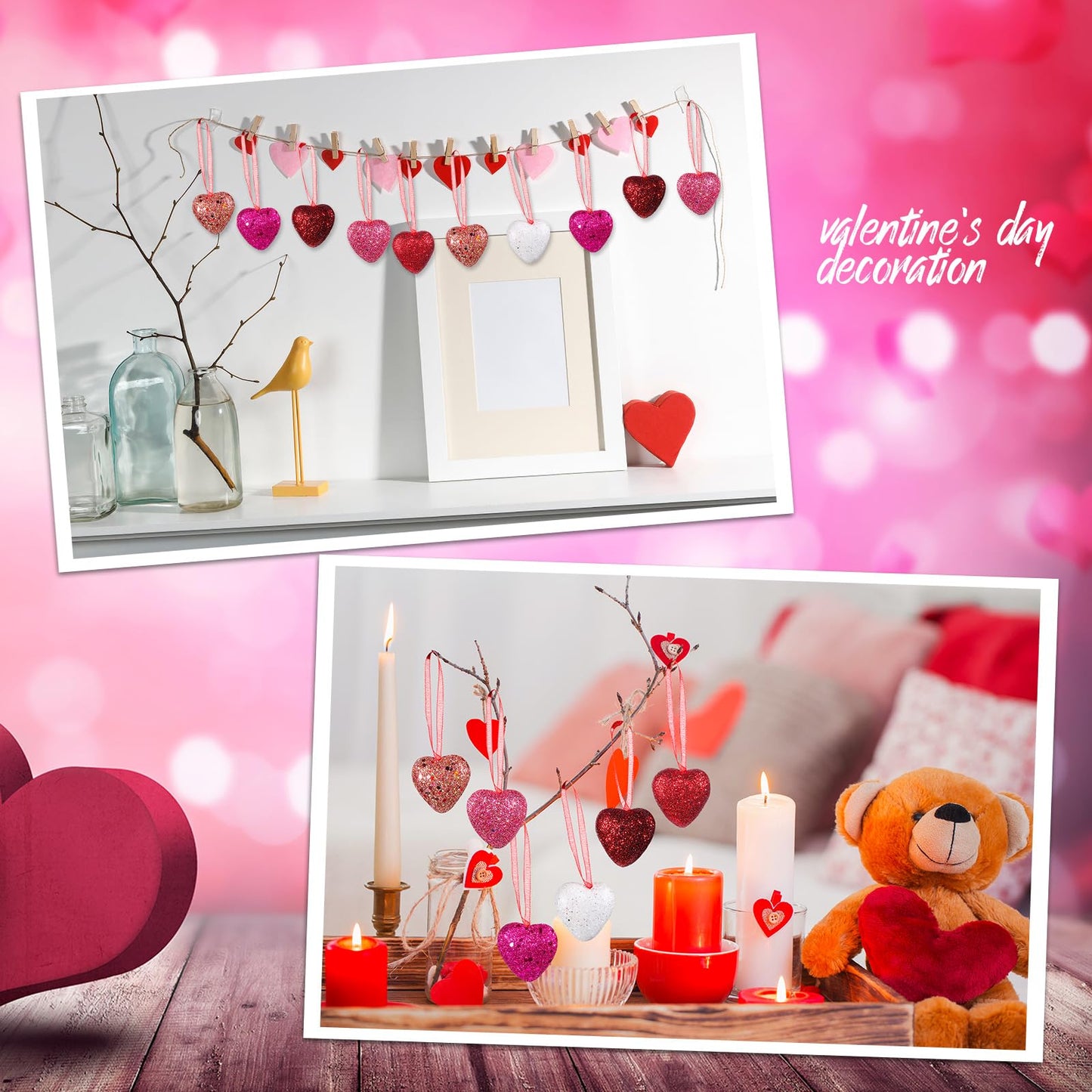 Jutom 54 Pcs Valentines Day Tree Decorations Heart Hanging Ornaments St. Patrick's Day Shamrock Easter Egg Tree Ornaments Heart Shaped Clover Baubles for Holiday Party (Classic Style)