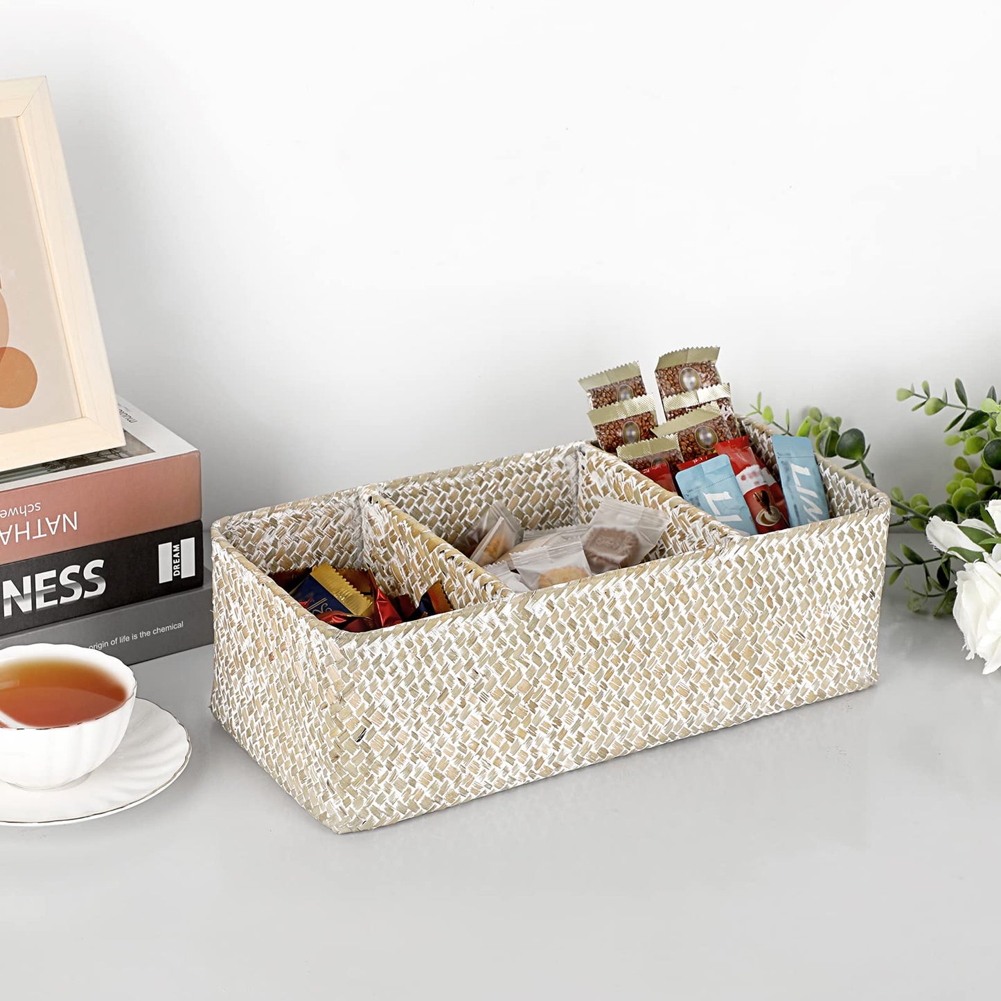 Hipiwe Seagrass Storage Basket Bin- 3 Sections Hand-Woven Toilet Basket Wicker Shelf Basket Bathroom Organizer Bins for Shelves, Kitchen, Pantry, Closets, Toilet Paper Tissue Organizer