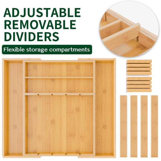 Dunruz Bamboo Expandable Drawer Organizer for Kitchen Utensils, Adjustable Silverware Tray with 9 Deep Slots for Large Spoons & Knives, Natural Wood Flatware Caddy for Cutlery Storage (Fits 13"-20")