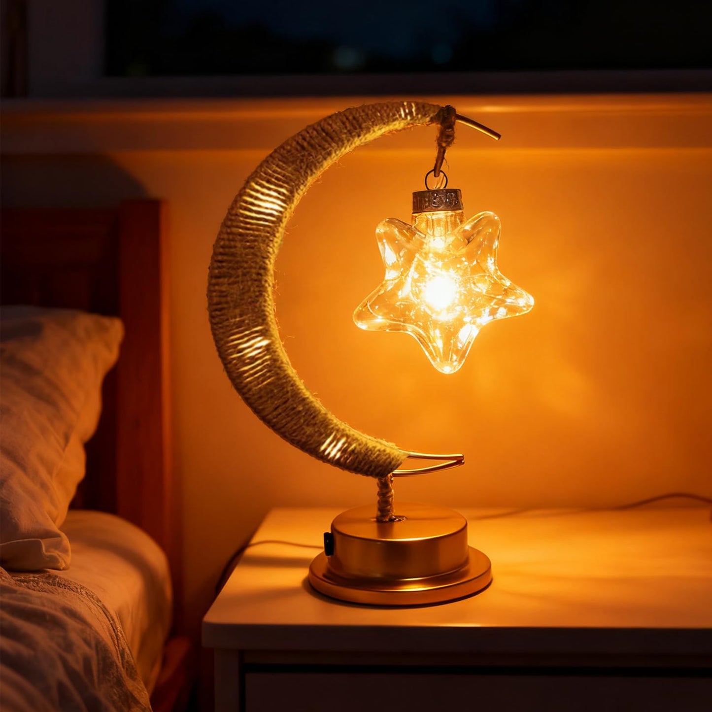 Taoushuleng Crescent Moon Table Light with Hanging Star Ramadan Decorative Atmosphere Lamp Battery Operated Suitable for Home Bedroom Shop Party Decoration (HGmoon-WW-Star)