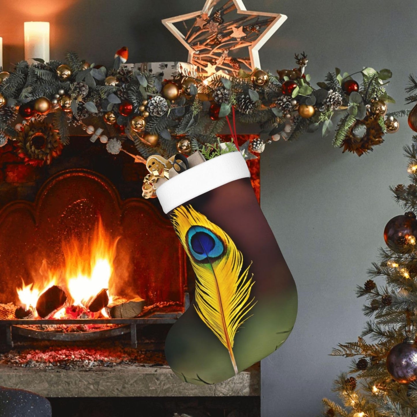 MYHSZTAH Feather Print Novelty Joyful Season Decorative Socks,Festive Ornament,Traditional Christmas Socks