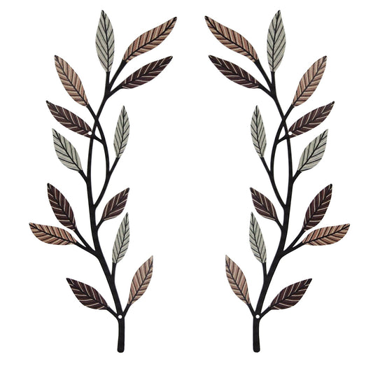Metal Tree Leaf Wall Decor 2 PCS Rustic Vine Branch Leaf Wall Art for Living Room Bedroom Bathroom Decorations - Vintage Brown