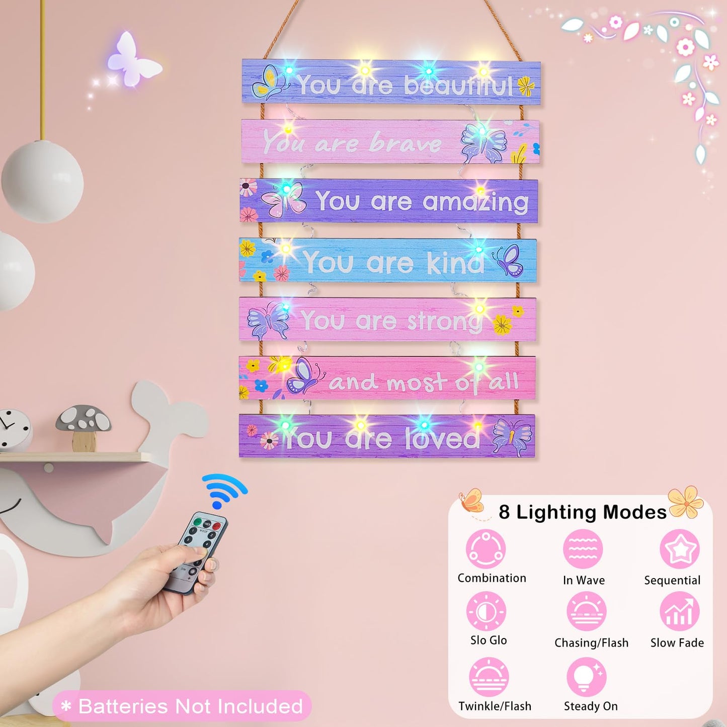 FIOBEE Girls Room Décor for Teen Girls Boys with LED Light Wall Decor for Bedroom Motivational Inspirational Wall Art Girl Room Decoration for Kids Studyroom, 8 Kinds of Lights, Purple Butterfly
