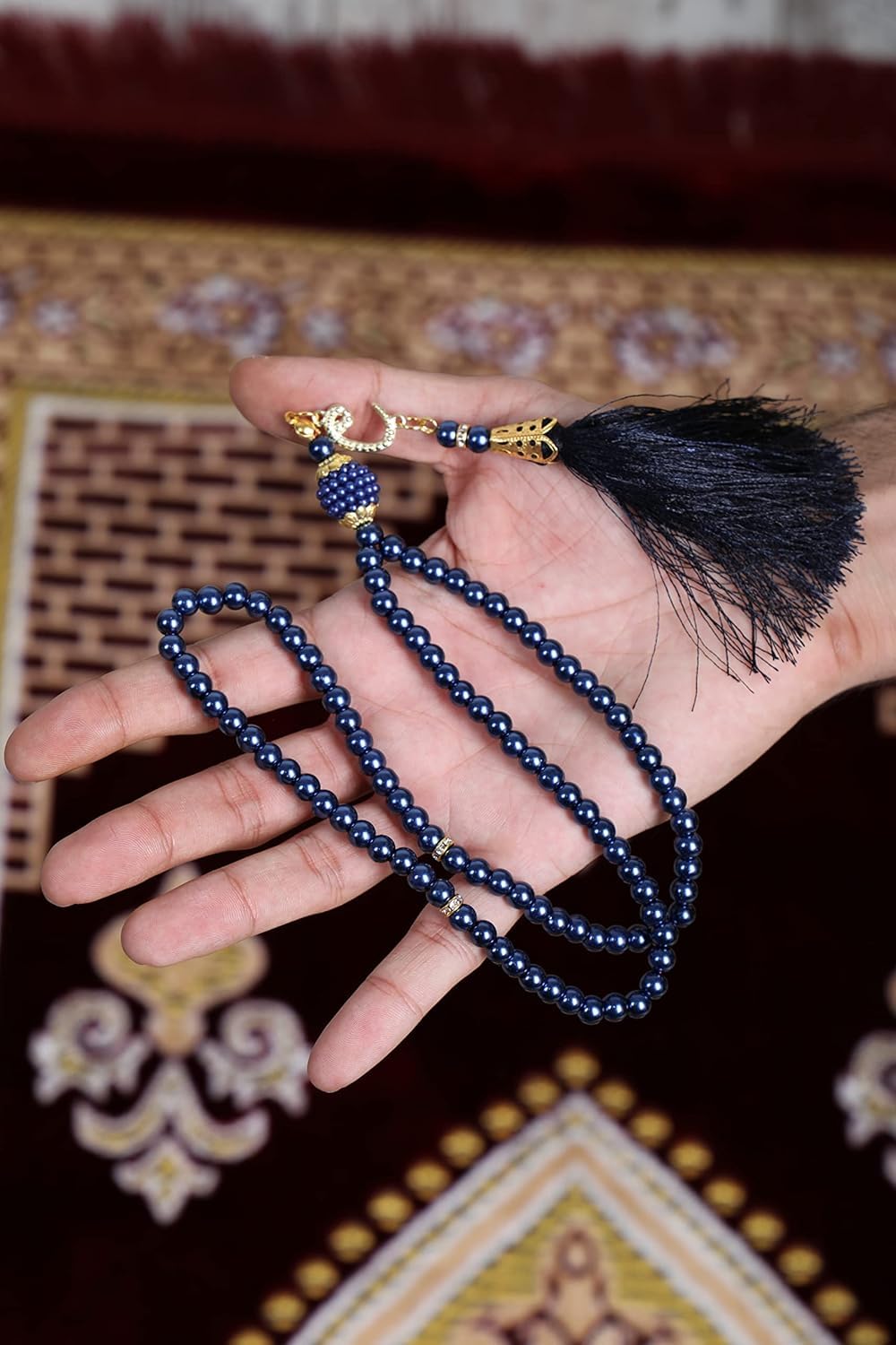 TB Muslim Prayer Rug Islamic, Soft Velvet Mat Ramadan Gift, with Prayer Bead Unique Decoration Gilded Gold-Like Embroidered for Women Man Kids Meditation Turkish African (Blue)