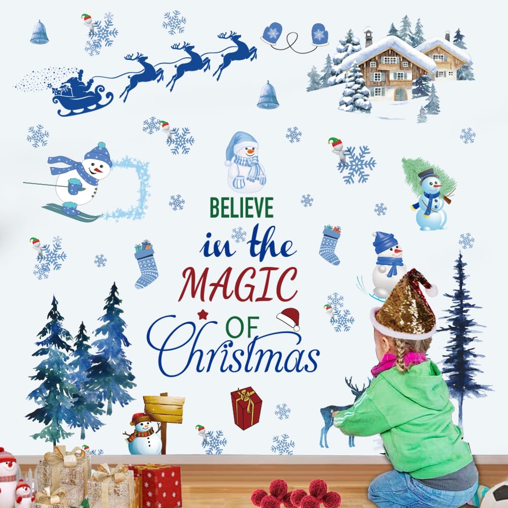 Santa Claus Christmas Tree Wall Sticker - Removable Vinyl DIY Wall Decor for Party, Playroom, Bedroom, Classroom, Living Room - Blue