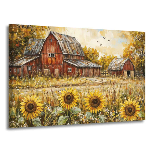 ZSHARTSWD Vintage Red Barn Wall Art Farmhouse Sunflowers Canvas Print Rustic Old Barn Picture Country Landscape Painting for Kitchen Living Room Decor Framed (12.00" x 18.00")