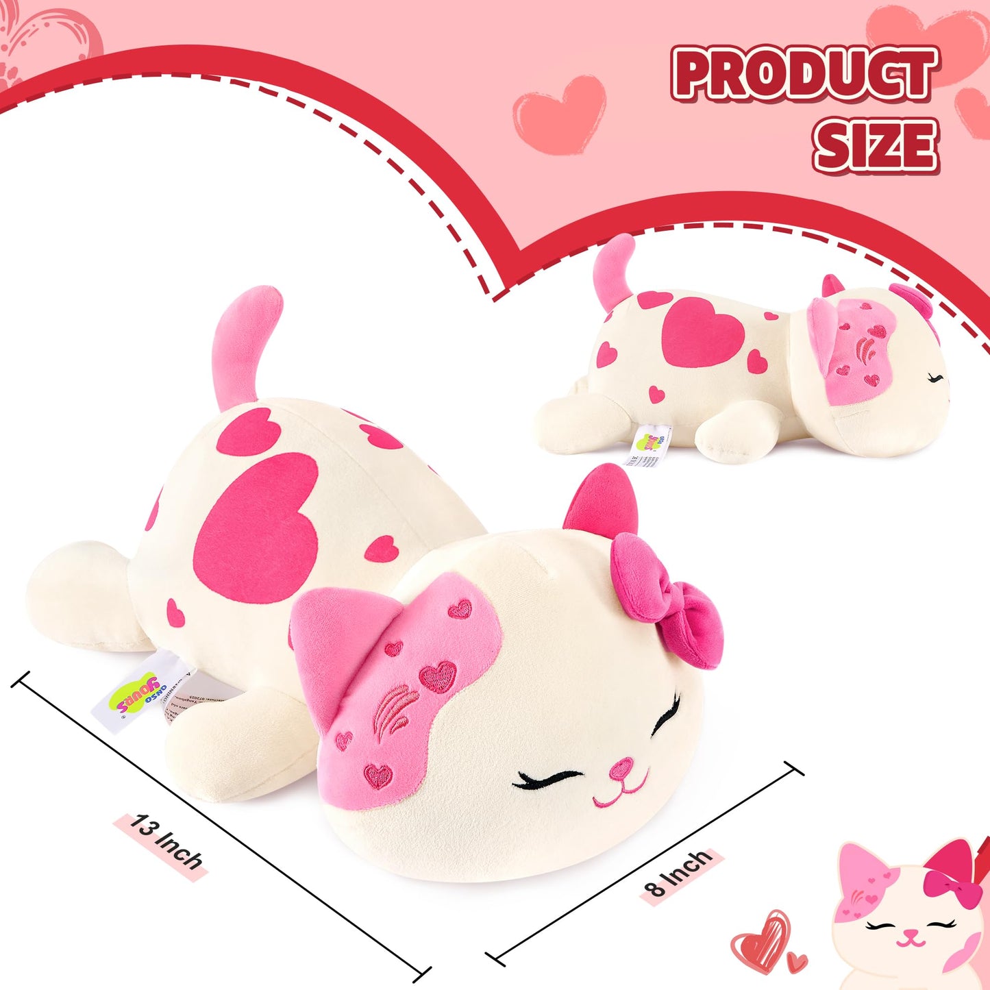Onsoyours Original Cat Plush with Bowknot Cute 13 inch Kitten Stuffed Animal Soft Pillow Pink Kawaii Kitty Heart Plush Toy Gifts for Kids & Adults (Pink Cat, 13")
