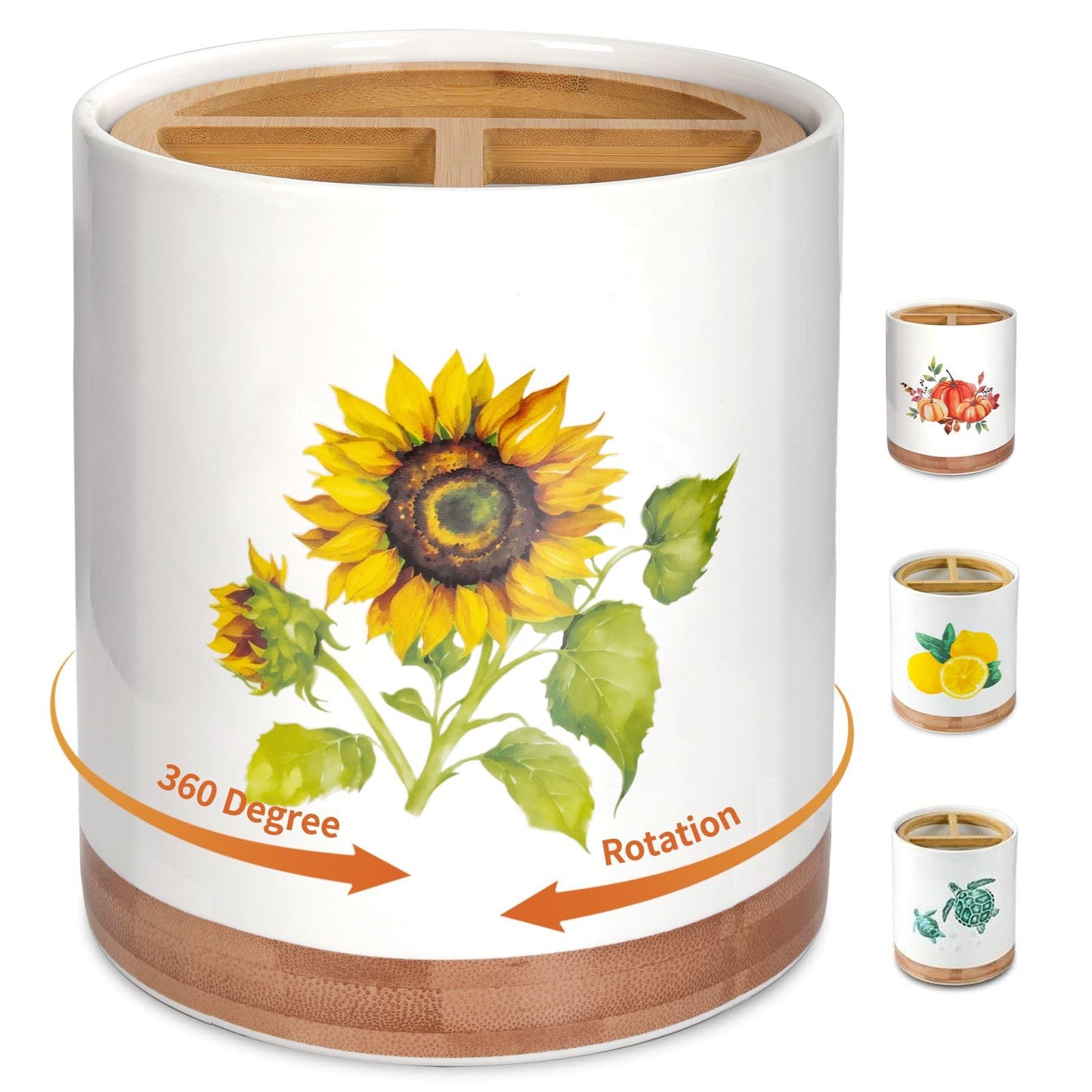 HAPPY KIT 7.6″ Extra Large Kitchen Utensil Holder, 360° Rotating Utensil Holder for Kitchen Counter with 3 Removable Compartment, Housewarming Gift & Farmhouse Decor(Sunflower)