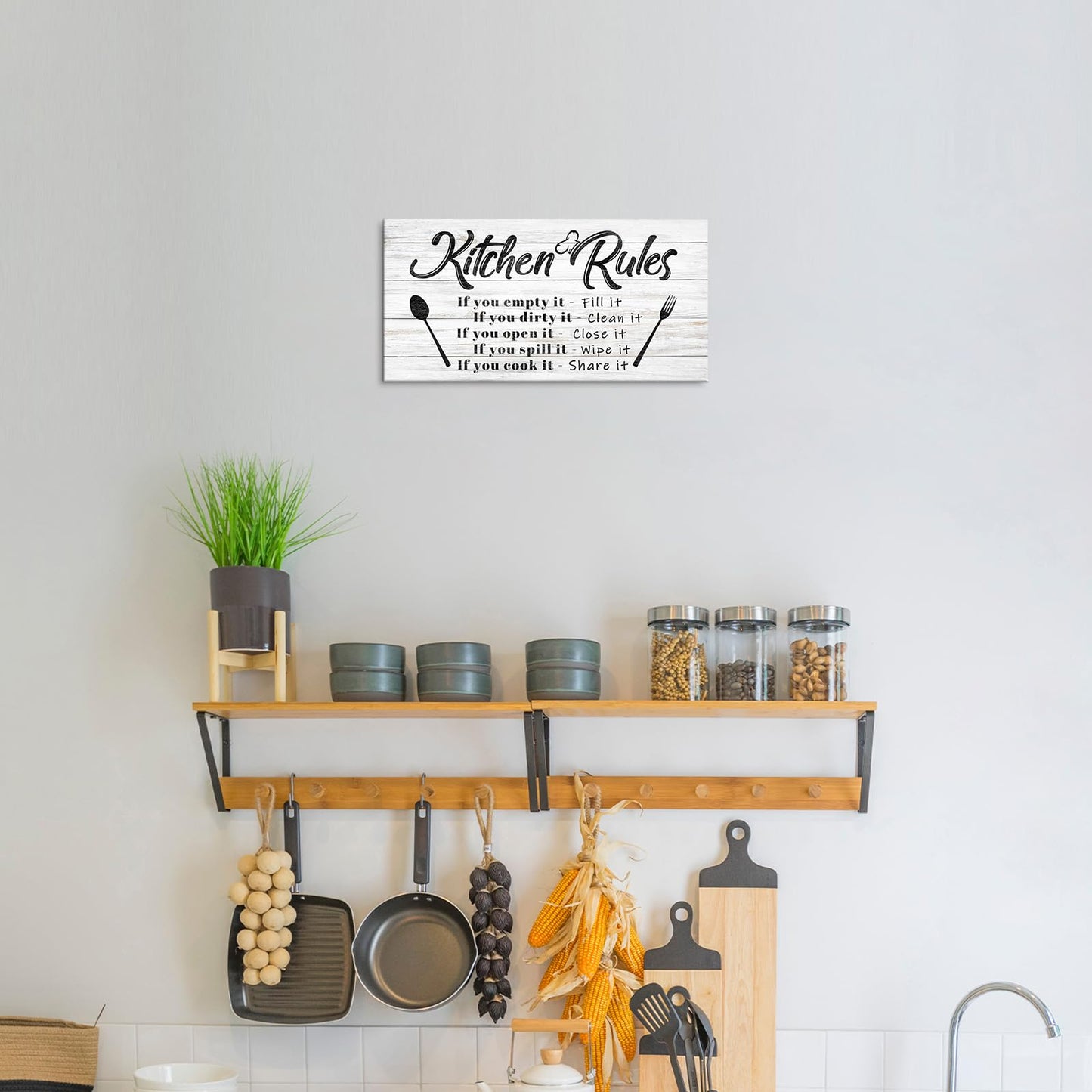 Pinetree Art Kitchen Rules Wall Decor Funny Inspirational Quote Canvas Print Art Modern Rustic Farmhouse Kitchen Decorative (8X16 Inch, W)