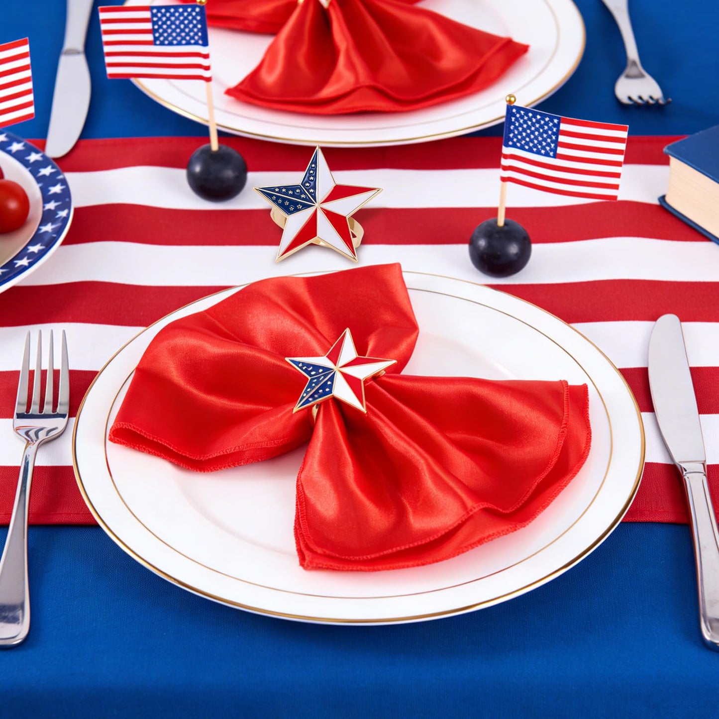 APTWOW 4th of July Patriotic Napkin Rings Set of 6, Gold Star Napkin Holder for 250th Anniversary Independence Day Napkin Ring America Napkin Ring for Dining Table Decor
