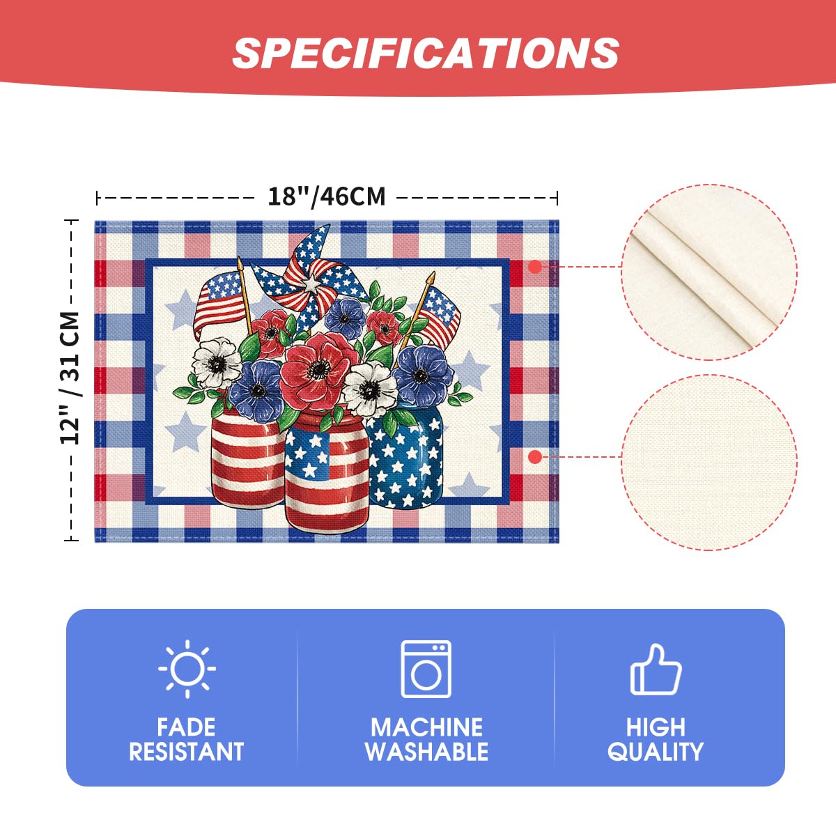 Artoid Mode Buffalo Plaid Vases Flowers 4th of July Placemats Set of 4, 12x18 Inch Seasonal Holiday Table Mats for Party Kitchen Dining Decoration