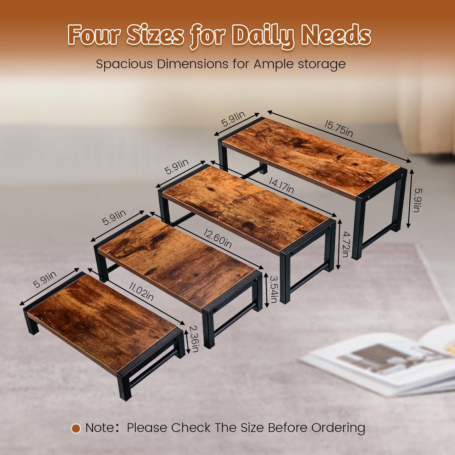 NANXITU 4 Pcs Wood Risers Display Stand, 4 Tier Cupcake Holder with Metal Frame Wooden Risers for Table Display, Perfume Collectibles Organizer Shelf, Tiered Riser for Vendors, Buffet Risers for Food Desserts Party Decor
