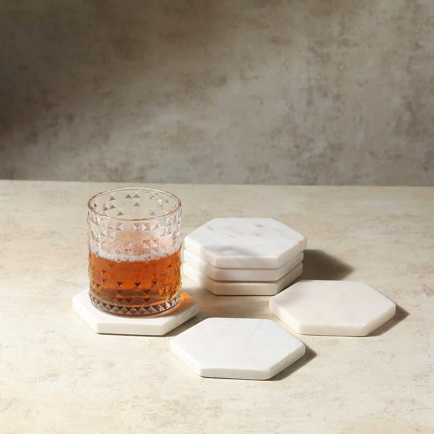 LAVAUX DESIGNS Set of 6 Hexagon Marble Coasters | White Decor for Modern Homes | Drink Coasters for Coffee Table, Dining, Bar or Office| Made from 100% Solid Real Marble | Cute Stone Coasters