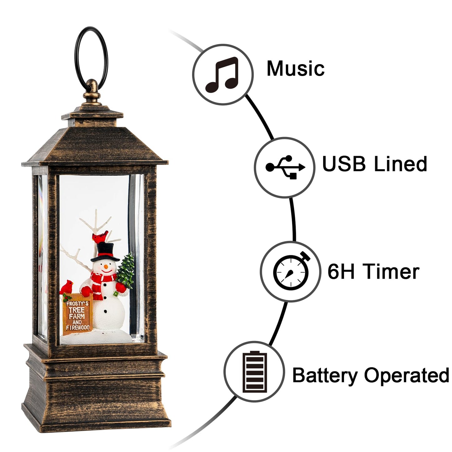 Christmas Snow Globe Water Glittering Farm Snowman with Music & Timer, USB Lined/Battery Operated Lighted Lantern for Christmas Festival Decoration Gifts