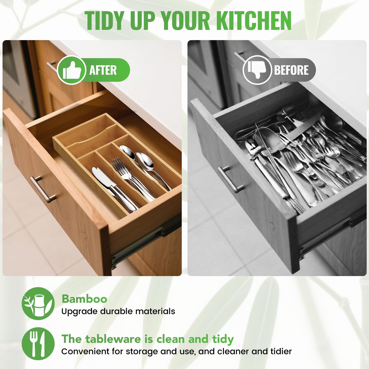 Bayting Small Silverware Organizer, Bamboo Kitchen Drawer Cutlery Organizer, Utensil Holder, Flatware Organizer Tray (14.2"x6.7"x1.6")