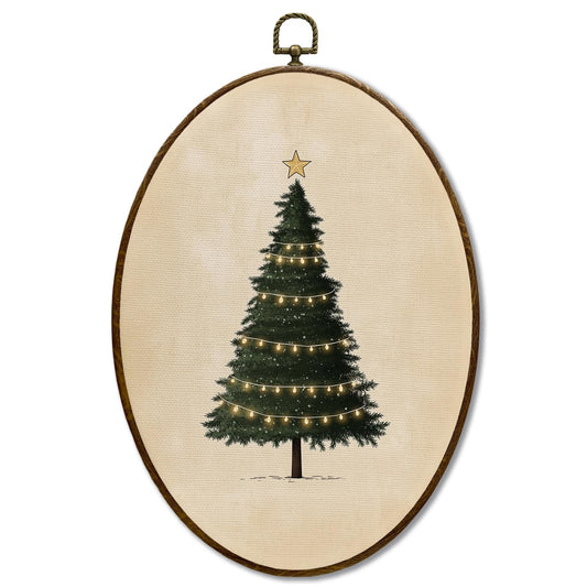 JQF Vintage Christmas Tree Oval Wall Decor, Winter Xmas Tree Oval Canvas Wall Art, Rustic Christmas Farmhouse Framed Prints Hanging Decor for Home Living Room Bedroom, 8.5x11.5 Inch