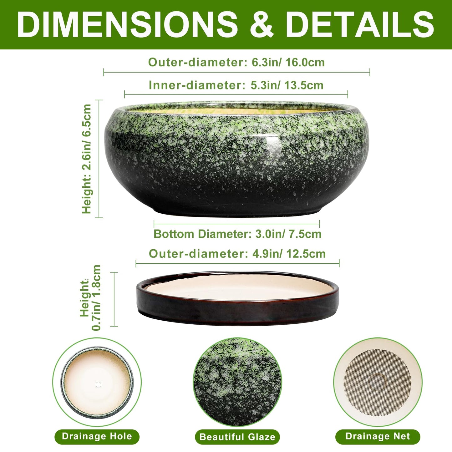 EPFamily Succulent Pots 6 Inch - Ceramic Bonsai Pots with Drainage Hole and Saucer, Succulent Planters for Indoor Outdoor, Small Shallow Planter, Round Cactus Pot, Room Decor, Plant Lover Gift, Green