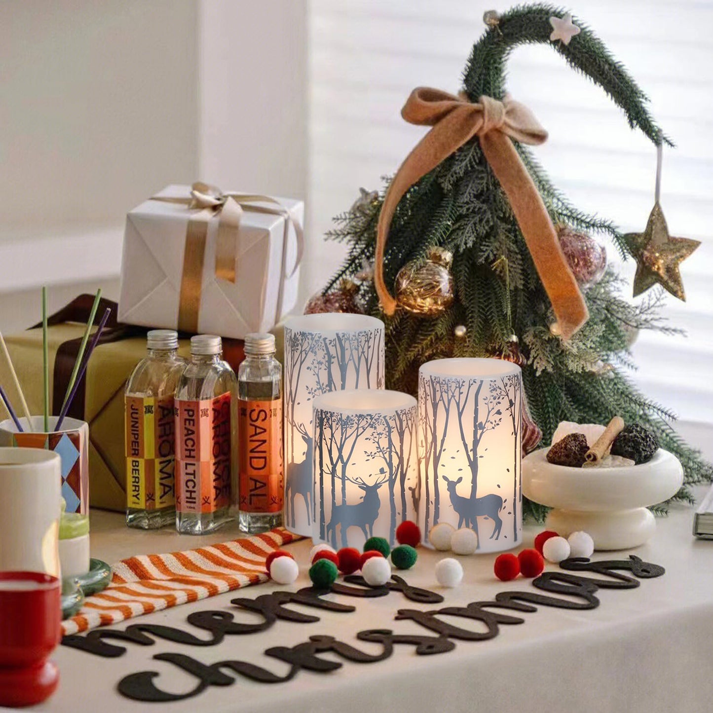 Lasumora Birch Silver Reindeer Christmas Candles with 6H Timer, Real Wax LED Candle Flameless Flickering, Battery Operated Candles Pillar for Home Décor Christmas Decorations Gifts, 3x4/5/6 inches
