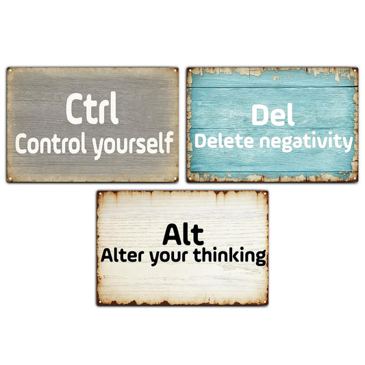 Motivational Office Decor Metal Tin Signs - Computer Keyboard Theme, Control/Alt/Delete Inspired Tin Wall Art with Positive Quotes for Home Office, Desk & Workspace Decoration, 3-Pack, 12x8 inch